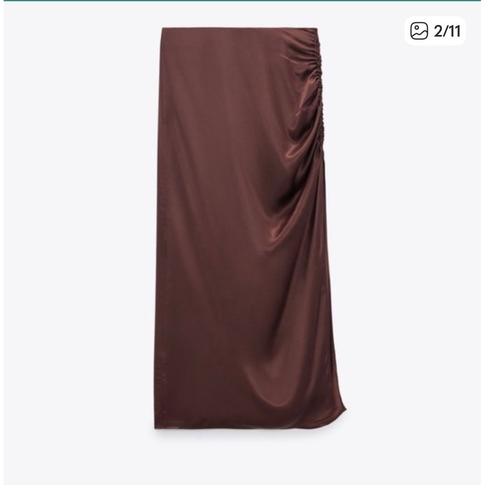Zara Chocolate Brown Silky Slip Skirt‎ with Side Gathering Ruching Size XS Y2K